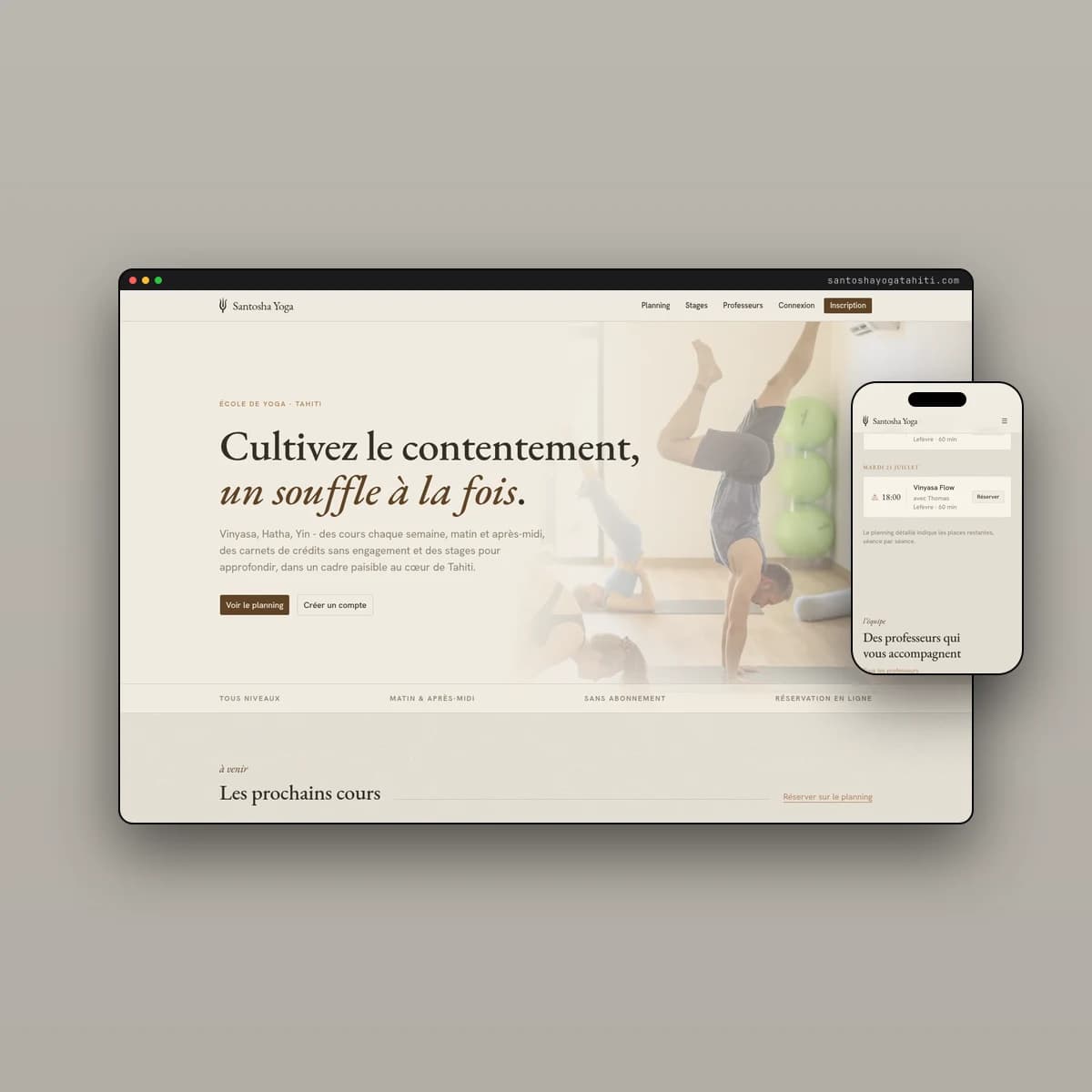 Plateforme de réservation Santosha Yoga Tahiti : planning des cours et achat de crédits en ligne